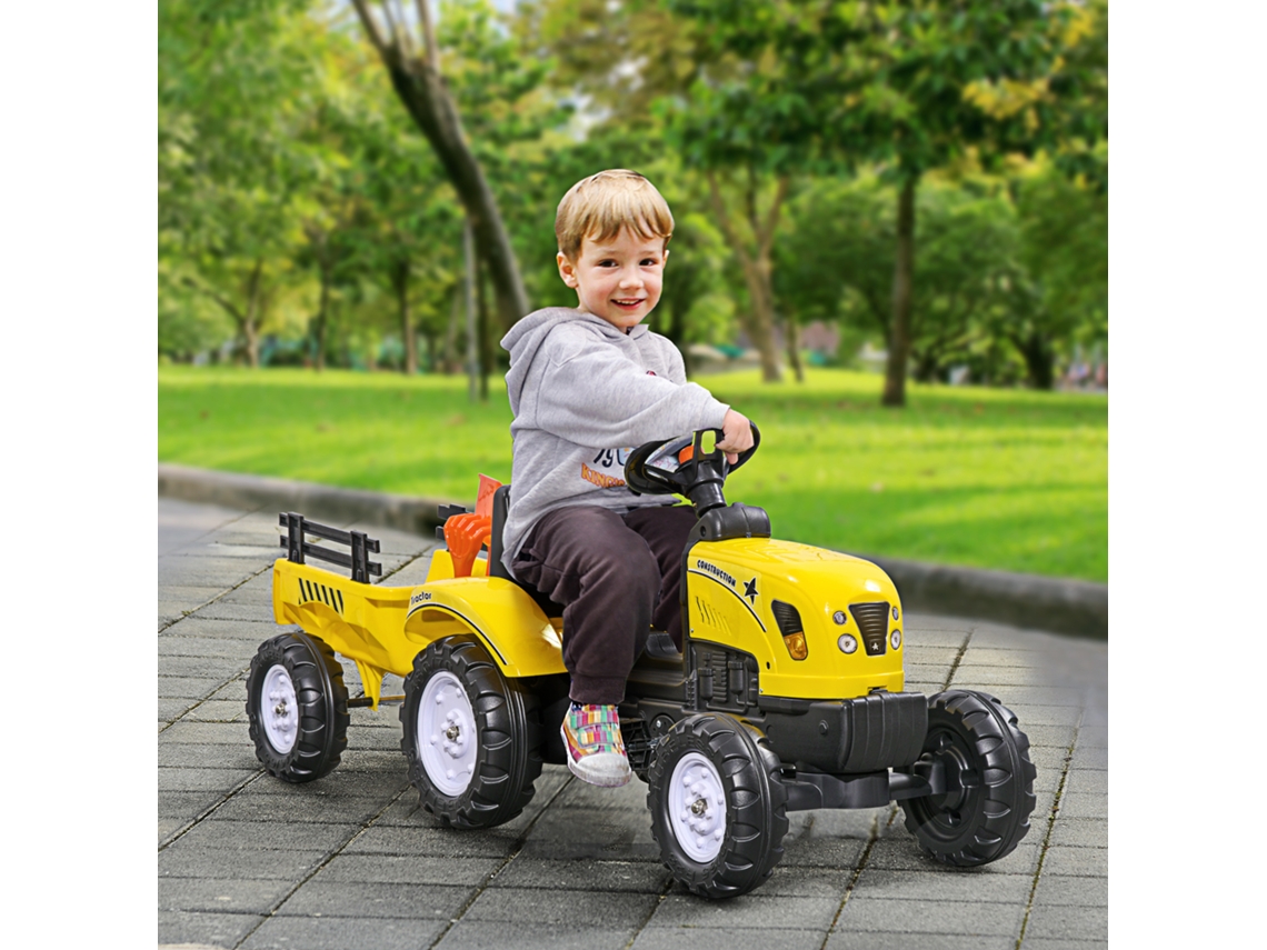 Trator A Pedais Para Crianças A Partir De 3 Anos Com Reboque E 2 Ferramentas Carga 35 Kg 133x42x51 Cm Amarelo