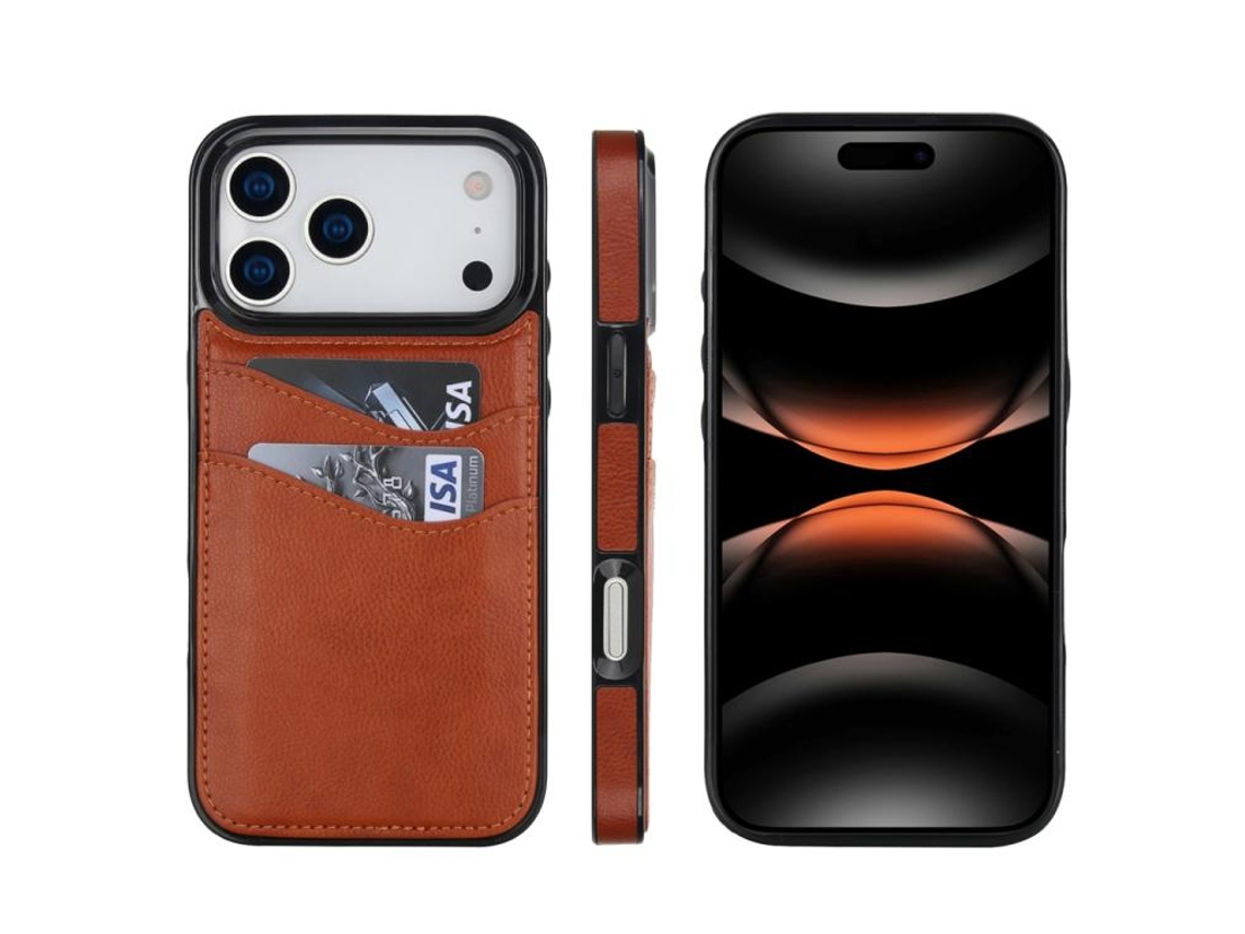 Capa Para Iphone 17 Pro Max - Couro Cor Lichia Com Compartimento Para Cartão