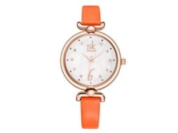 Relógio de Pulso Feminino de Quartzo com Strass Dial Redondo Pulseira Fina Laranja