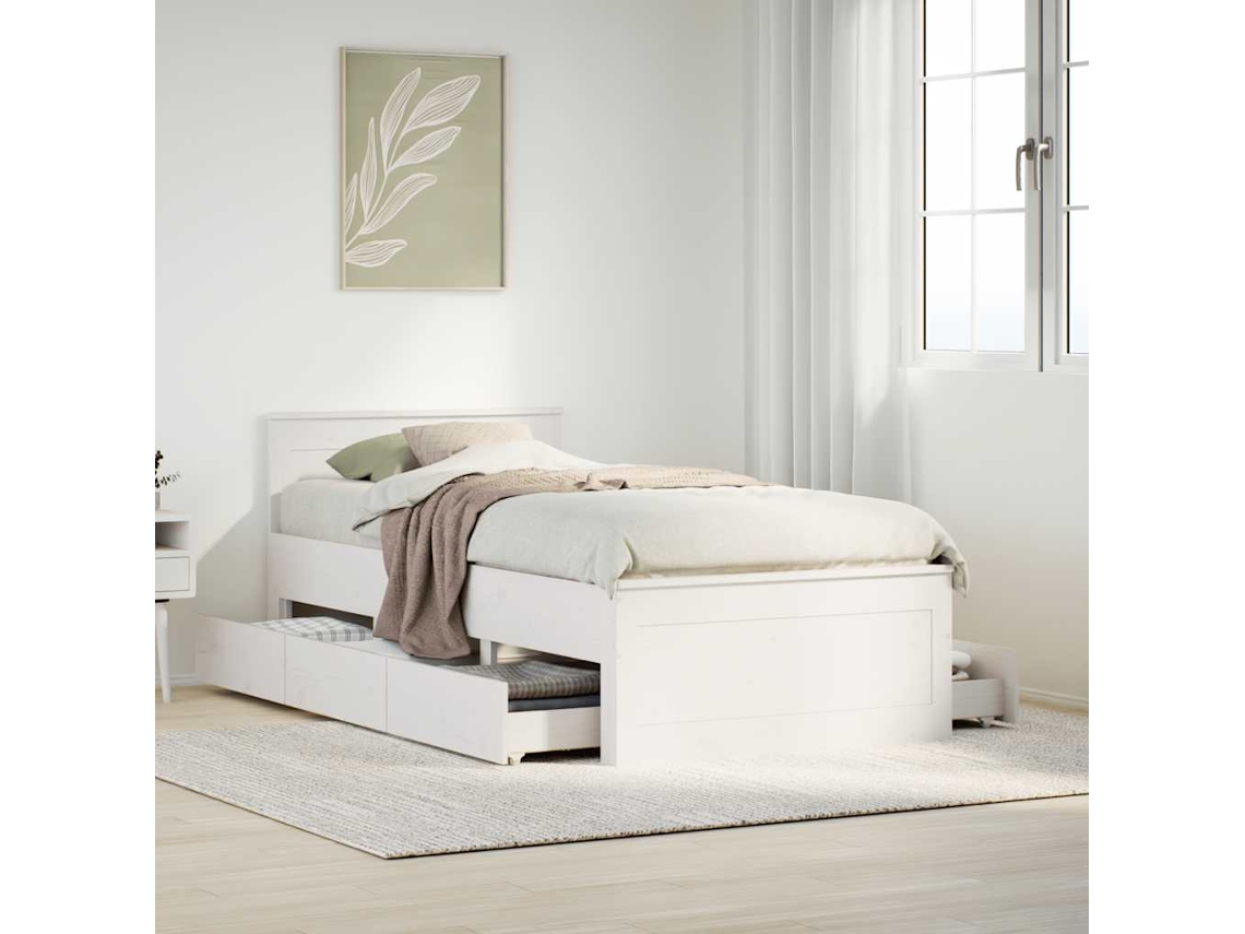 Vidaxl Estrutura De Cama S/ Colchão E C/ Cabeceira Pinho Maciço Branco