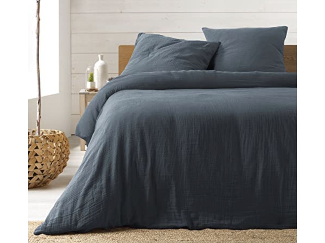 Conjunto de cama de gaze de algodão azul 240 x 220 cm. Promoção Linge