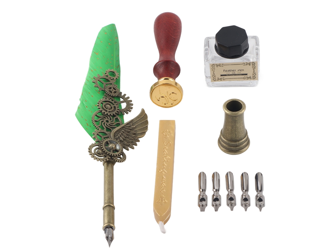 Set de Caneta Estilo Retro Elegante com Padrão Exquisito Pontas de Aço Inoxidável Resistente Ao Desgaste Kit de Caneta para Caligrafia Caneta Verde