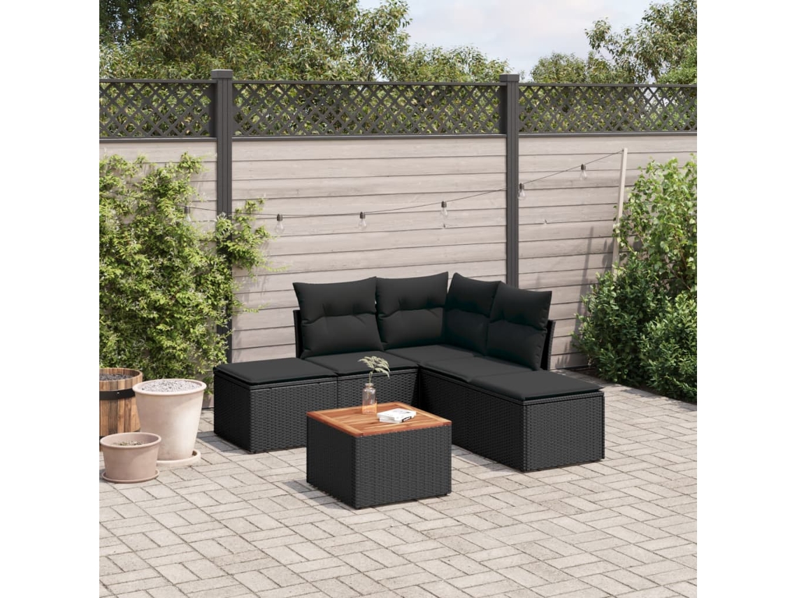 Vidaxl 6 Pcs Conjunto Sofás De Jardim C/ Almofadões Vime Pe Preto