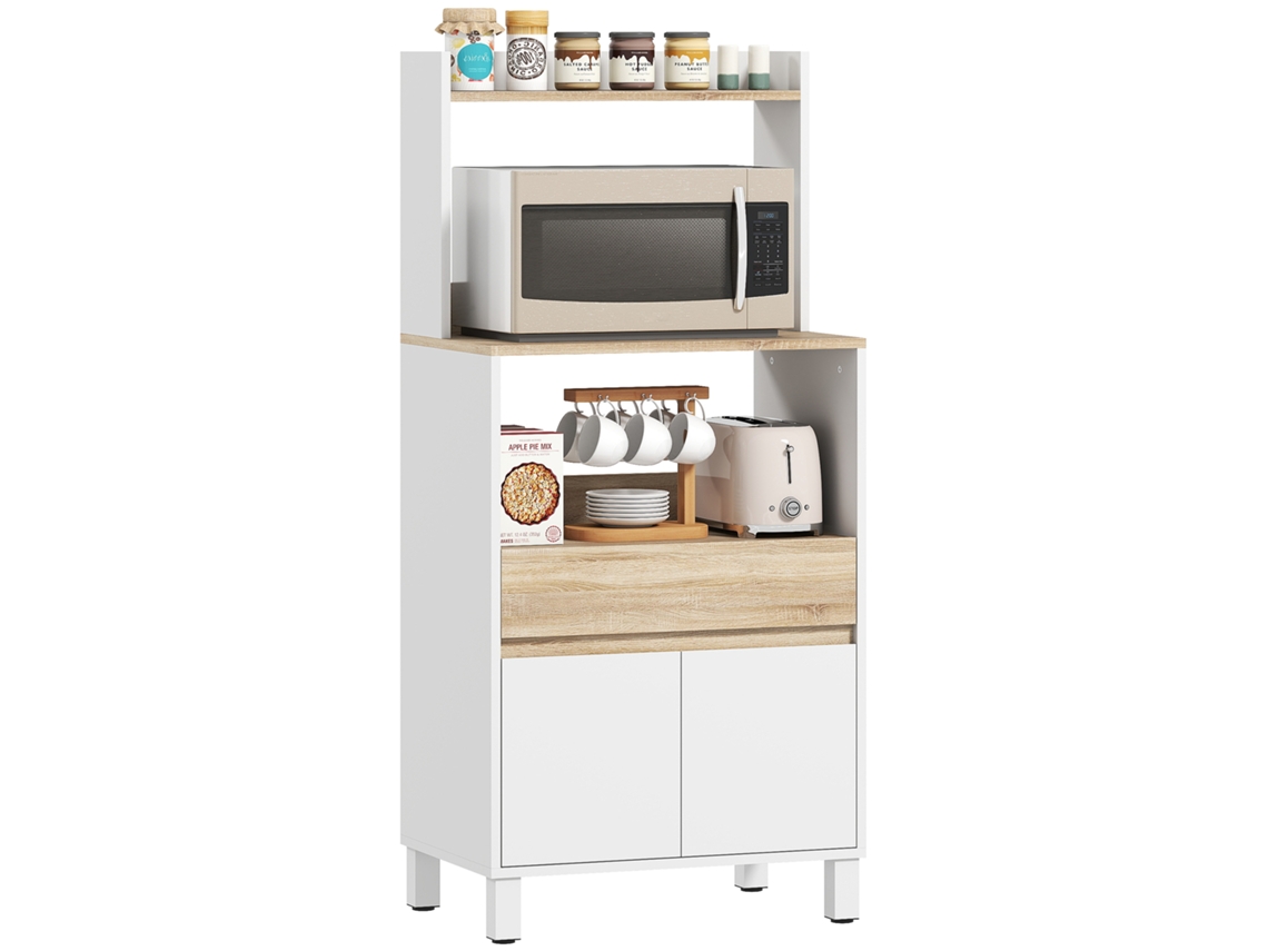Armário para Microondas em Madeira com Prateleira Aberta, gaveta e Armário 60x40x131cm branco BTFORUS