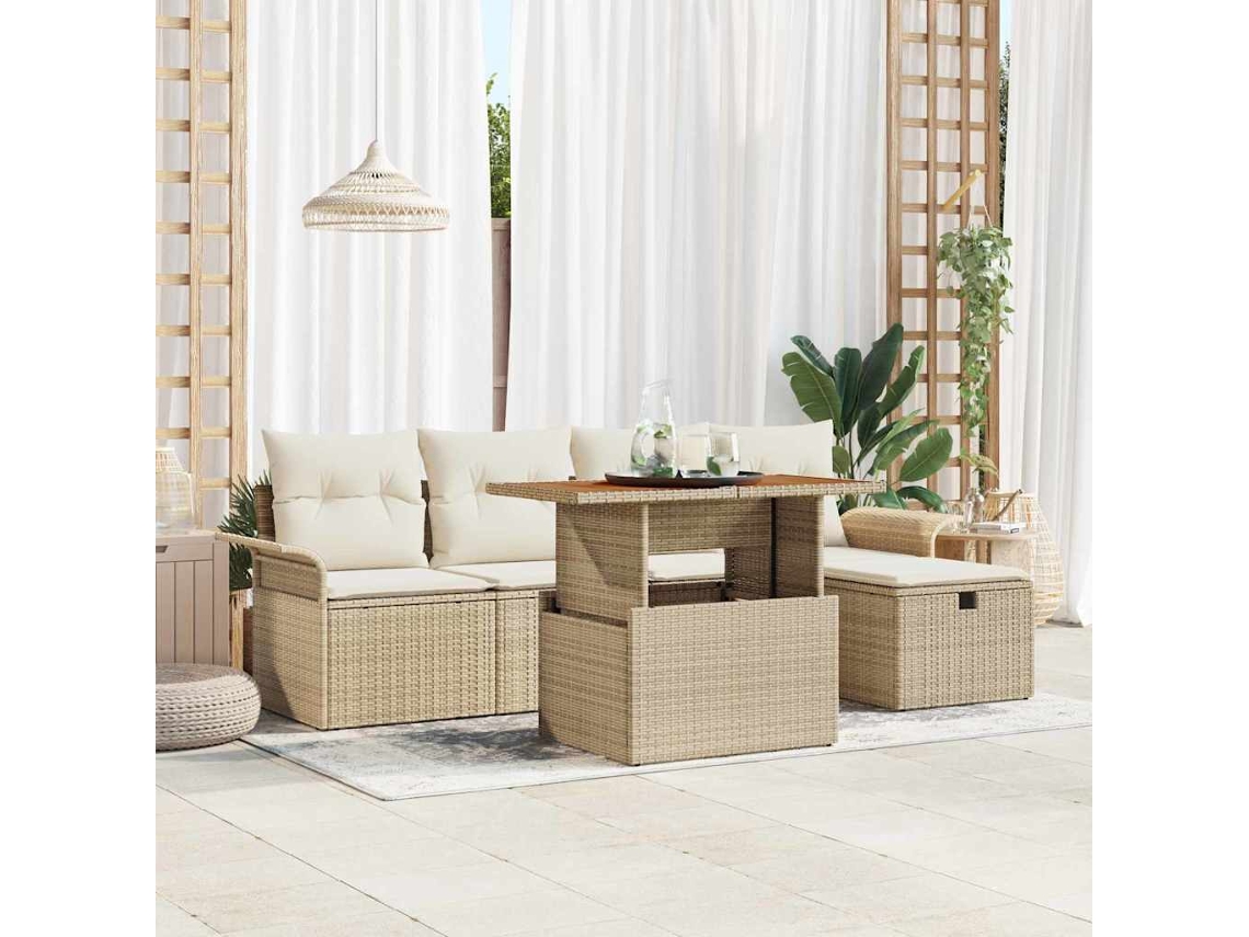 Vidaxl Conjunto De Sofá De Jardim Com Almofada 6 Pcs Bege Vime Pe