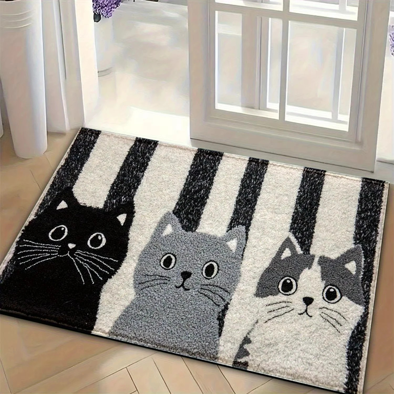 Tapete Listrado Com Estampa De Gato (50 X 80 Cm), Capacho Macio, Tapete Impermeável Para Piso.