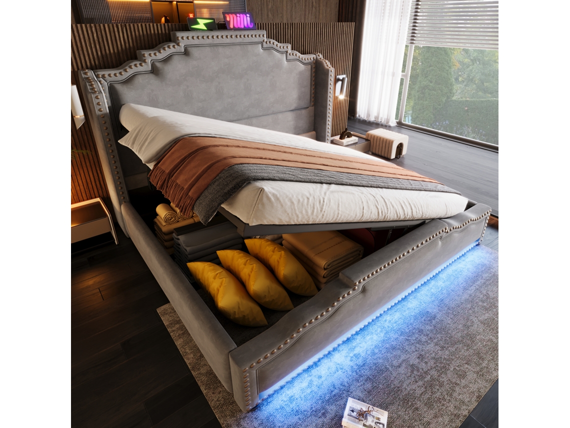 Cama 140x200 Com Armário Hidráulico, Led E Usb-c Cinza