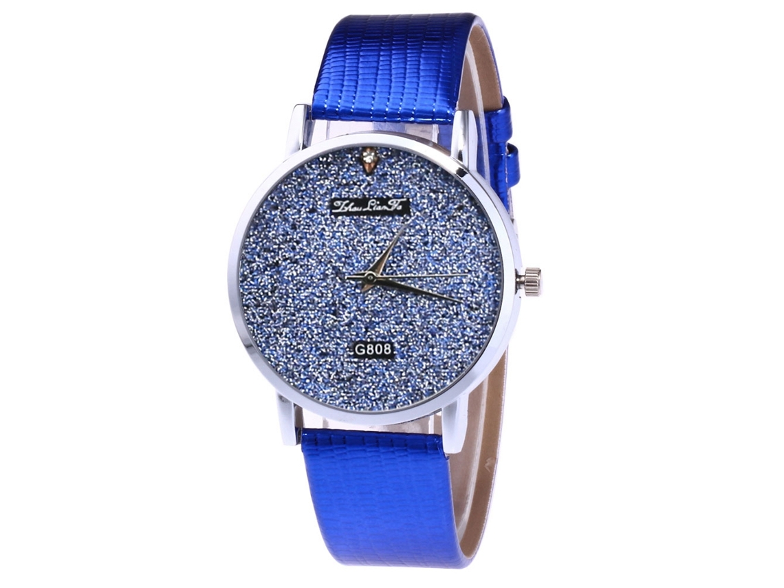 Relógio de quartzo unissex azul com pulseira de couro PU e diamantes brilhantes.