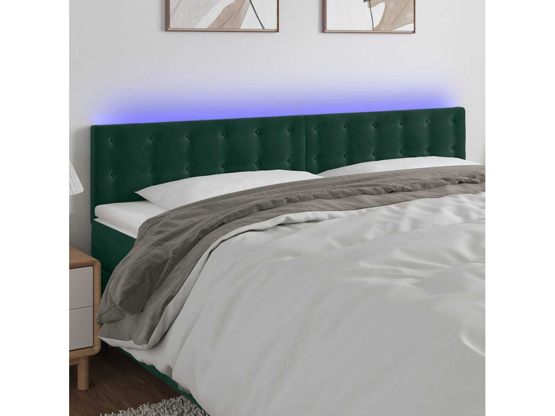 Vidaxl Cabeceira De Cama C/luzes Led Veludo 200x5x78/88cm Verde-escuro