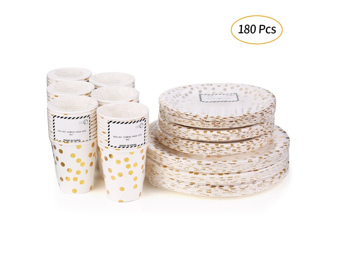 Ronjoe-conjunto 180 Peças Copo Papel 9oz Pratos 7 E 9 Polegadas Pontos Dourados Festas