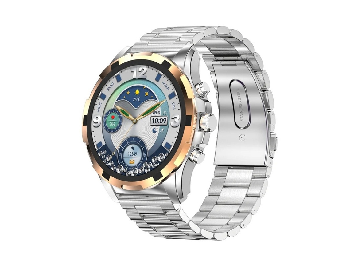 Smartwatch com chamadas Bluetooth, atualizações meteorológicas, controle de música, monitoramento de frequência cardíaca e vários modos.