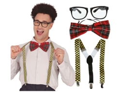 Kit Nerd para estudante adulto óculos, gravata borboleta e suspensórios