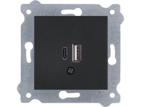 Tomada De Parede Dupla Exen 277/14e Usb Tipo C E Tipo A Preto Metálico Mecanismo Sem Estrutura