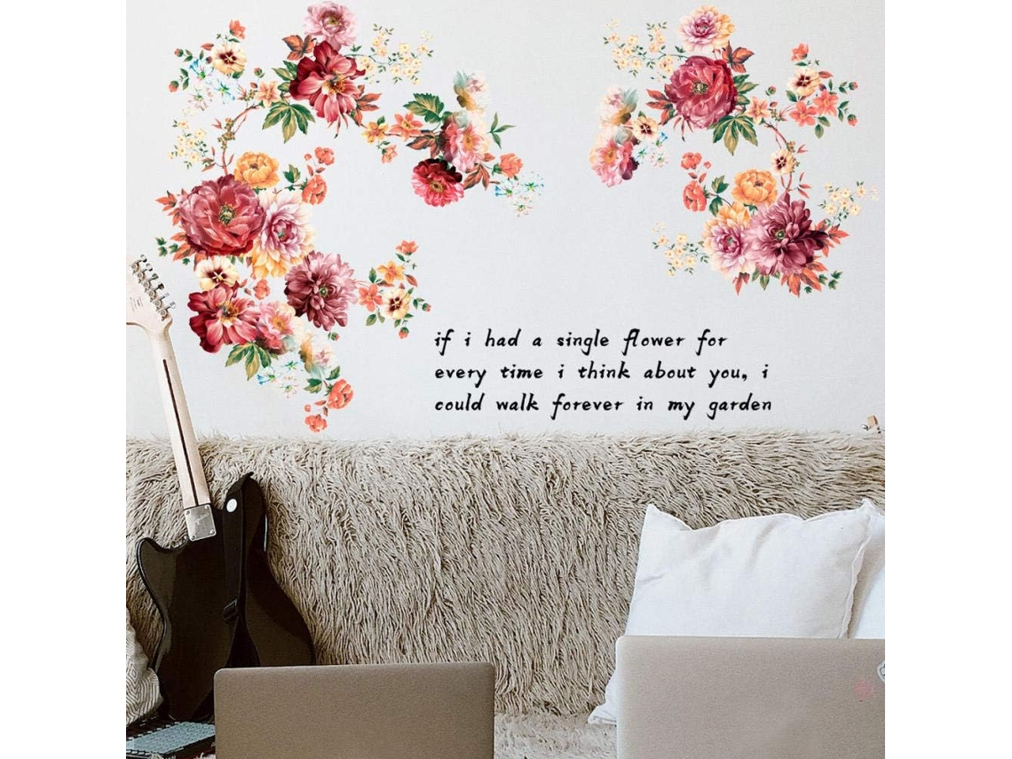 Adesivos de parede criativos com frases em inglês e flores de peônia para decoração de parede de quarto e sala de estar. Adesivo de papel PVC.
