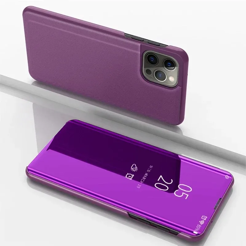 Capa Para Iphone 17 Pro Max Roxa, Com Espelho Inteligente, Suporte Em Couro Eletroplateado E Proteção Traseira Contra Impactos.