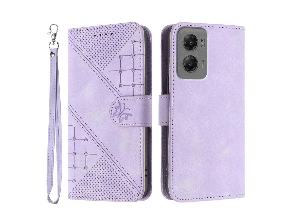 Capa De Couro Tipo Carteira Com Estampa De Borboleta E Alça Roxa Para Motorola Moto G Stylus 5g (2024)