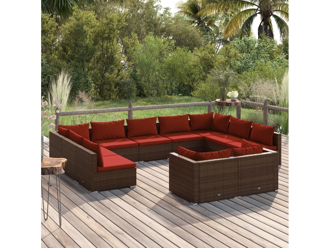 Vidaxl 11 Pcs Conjunto Lounge Jardim C/ Almofadões Vime Pe Castanho