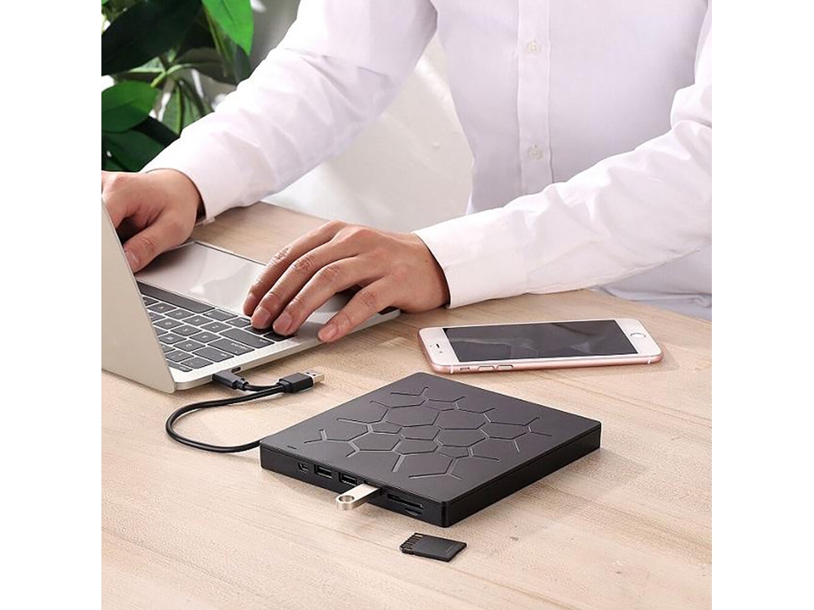 Leitor de CD/DVD externo USB 3.0 Tipo C 6 em 1 com slots para cartões SD/TF e USB 3.0