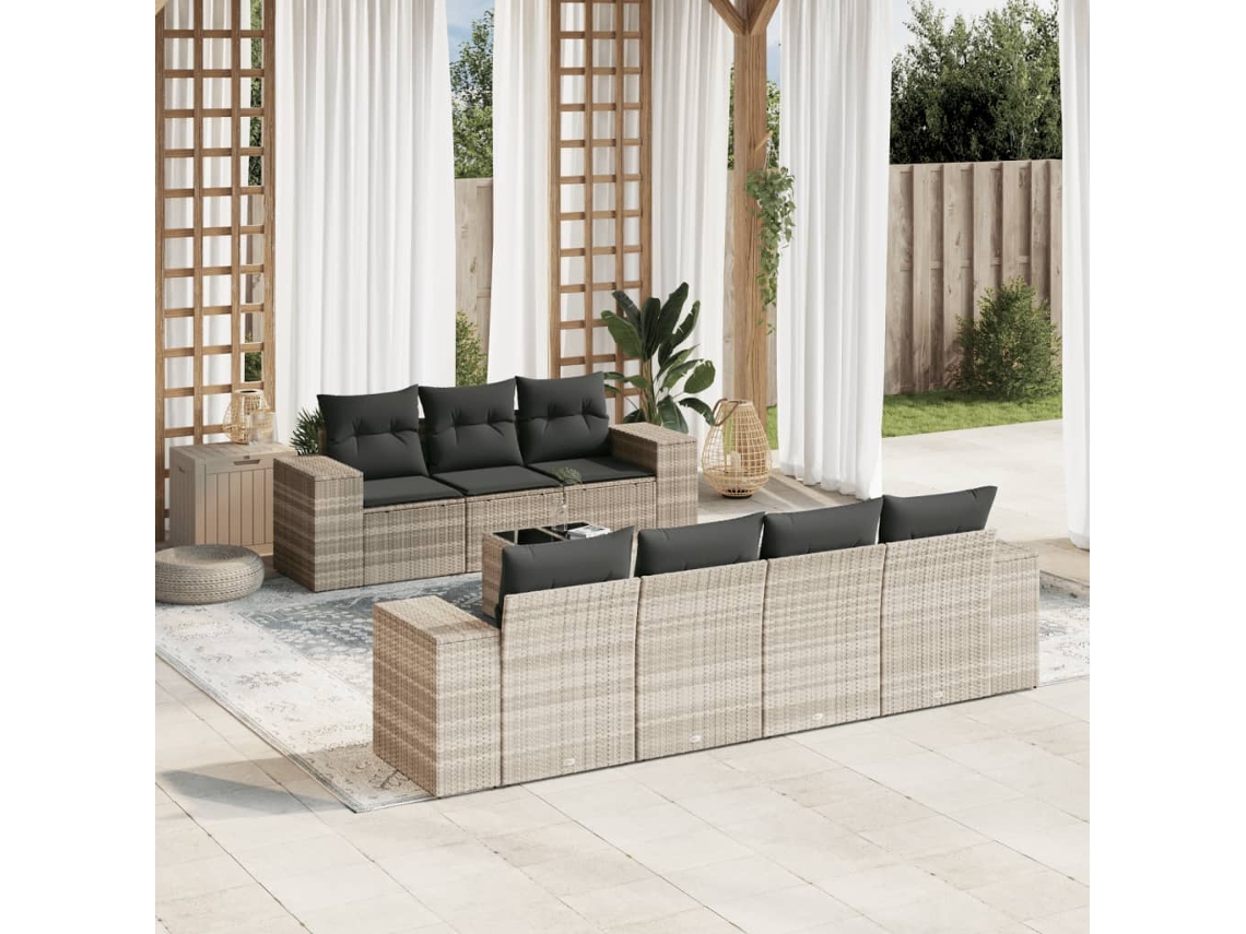 Vidaxl 8 Pcs Conj. Sofás Jardim C/ Almofadões Vime Pe Cinzento claro