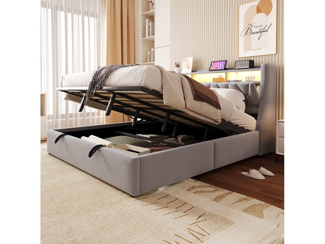 Cama Estofada Veludo Cinza Claro 180x200 Cm