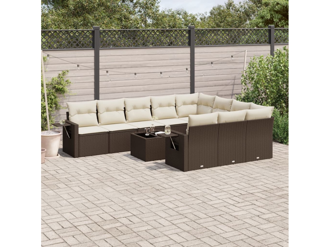 Vidaxl 11 Pcs Conjunto Sofás De Jardim C/ Almofadões Vime Pe Castanho