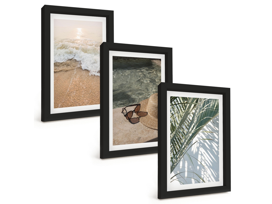 Composição De Quadroságua, Chapéu De Praia, Óculos De Sol Moldura Preta Imagens Para Um Quarto Infantil Espelharte (3 Peças 20x30 Cm)