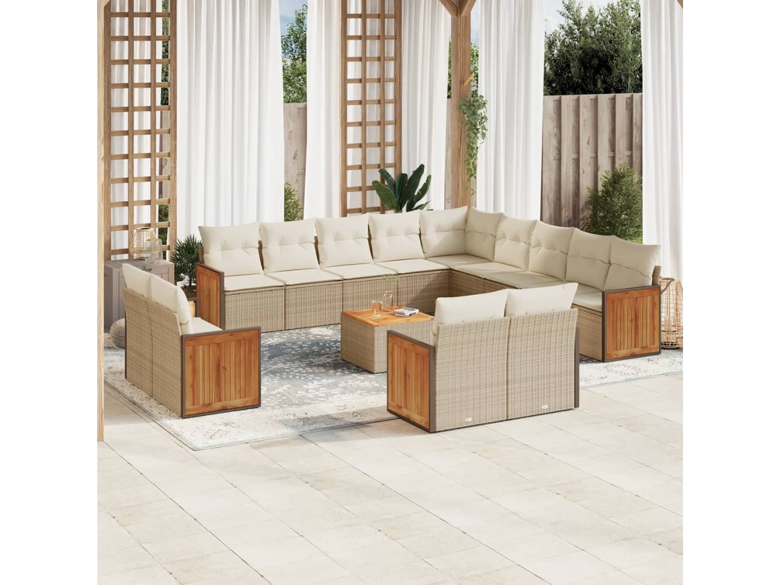 Vidaxl 14 Pcs Conjunto De Sofás P/ Jardim Com Almofadões Vime Pe Bege