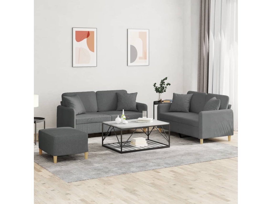 Vidaxl 3 Pcs Conjunto De Sofás Com Almofadas Tecido Cinzento-escuro