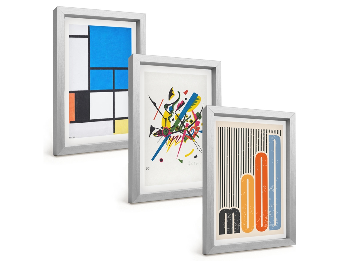 Conjunto De Pinturasgeometrias Abstratas Modernas Moldura Prateada Quadros Para A Sala De Estar Espelharte (3 Peças 20x30 Cm)