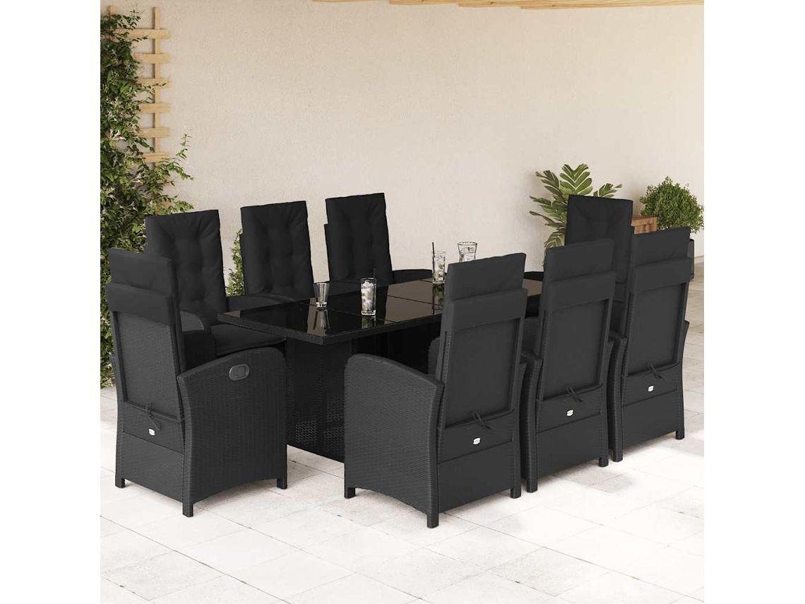 Vidaxl 9 Pcs Conjunto De Jantar P/ Jardim C/ Almofadões Vime Pe Preto