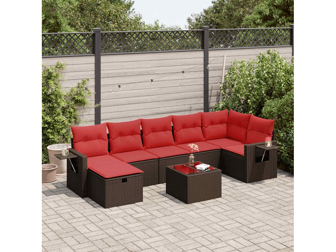 Vidaxl 8 Pcs Conjunto Sofás De Jardim C/ Almofadões Vime Pe Castanho