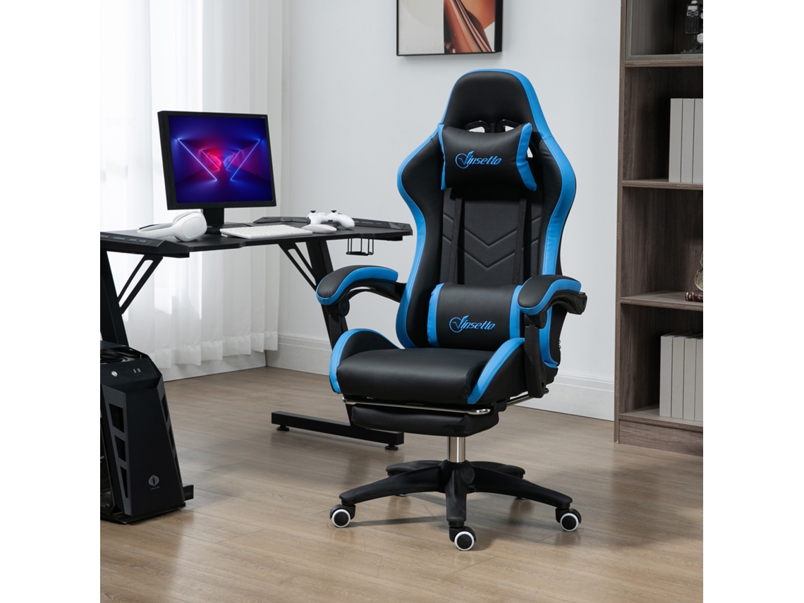 Cadeira Gaming Pu Reclinável 135° Preto E Azul Com Apoio Lombar Altura Ajustável Descanso Pés