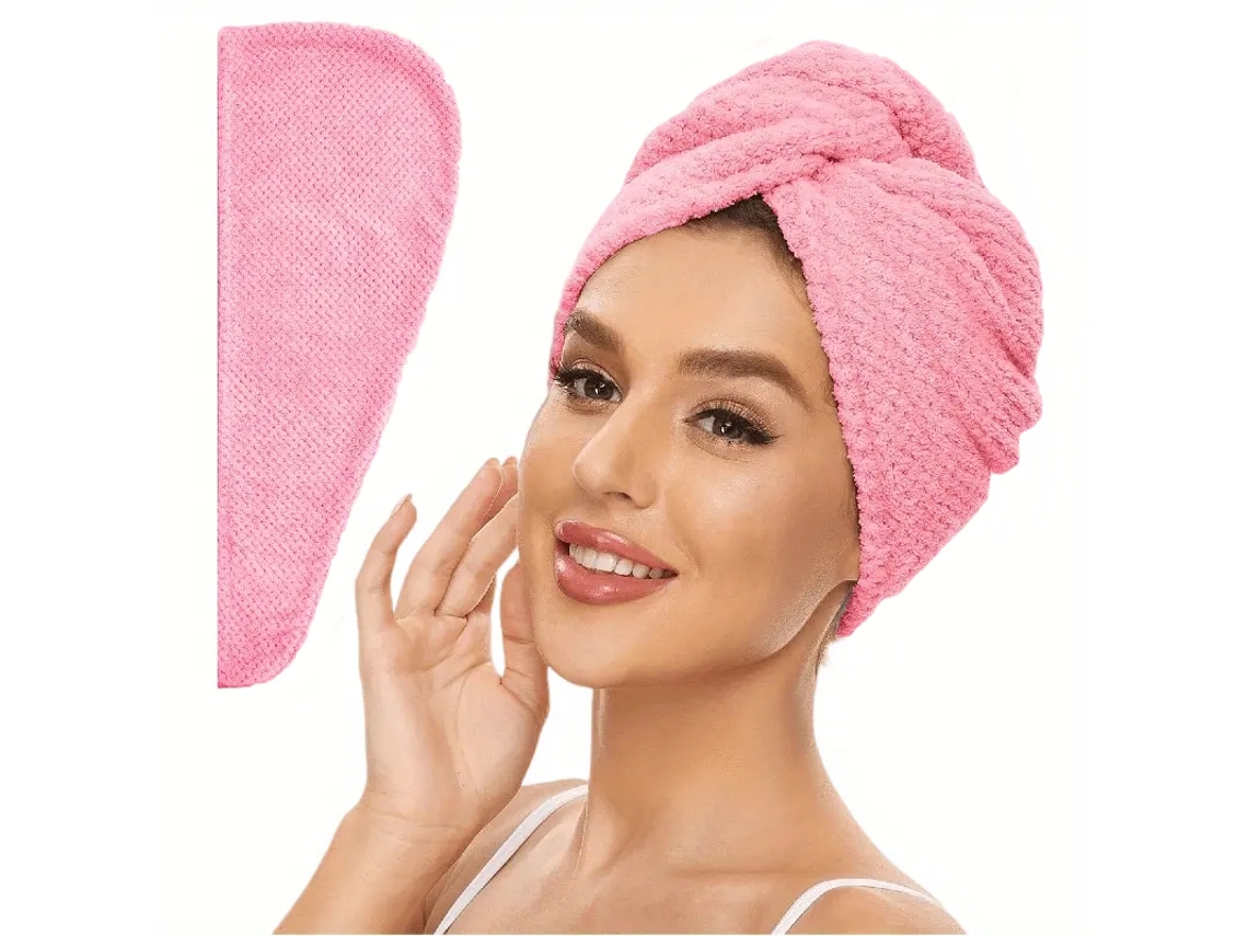 Toalha de Cabelo Feminina Absorvente e Sólida com Botões MDUG (rosa Escuro, 25 Cm X 65 Cm)