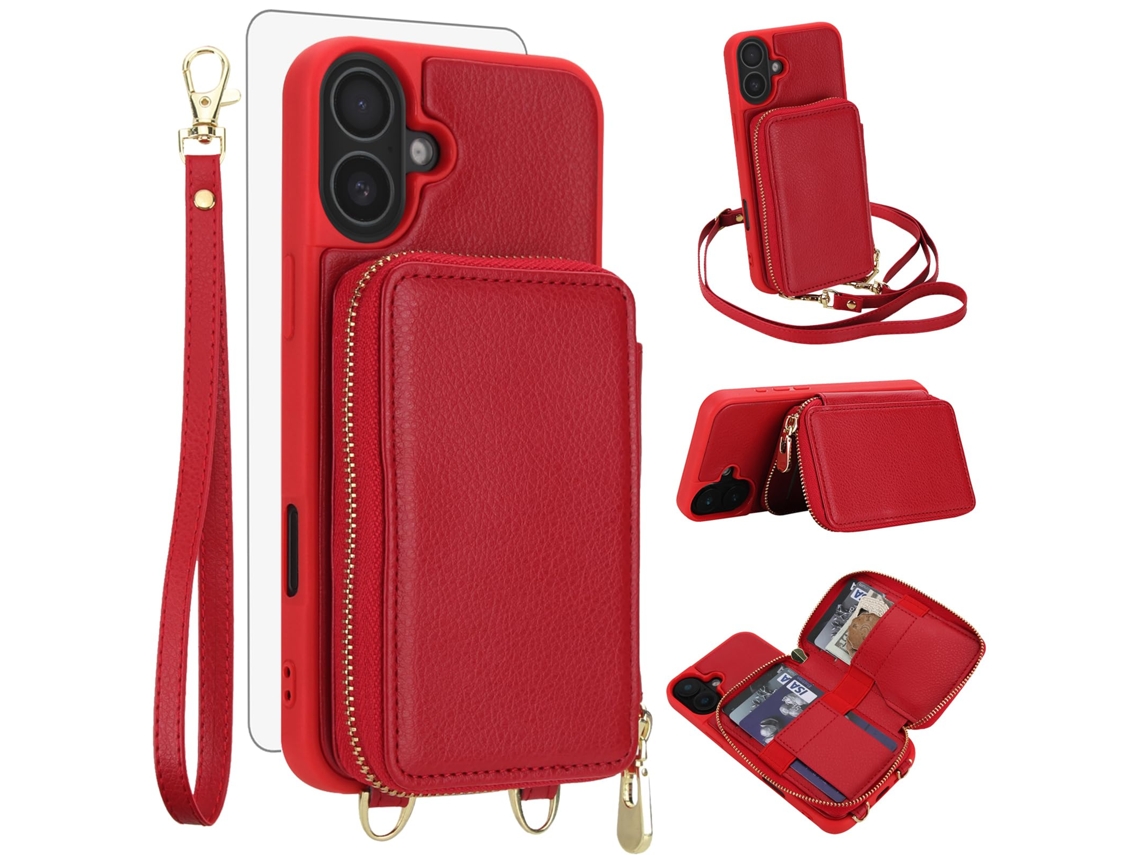 Capa Carteira Para Celular Em Couro Pu+tpu Com Protetor De Tela Para Iphone 17 (6,3 Polegadas) - Vermelha