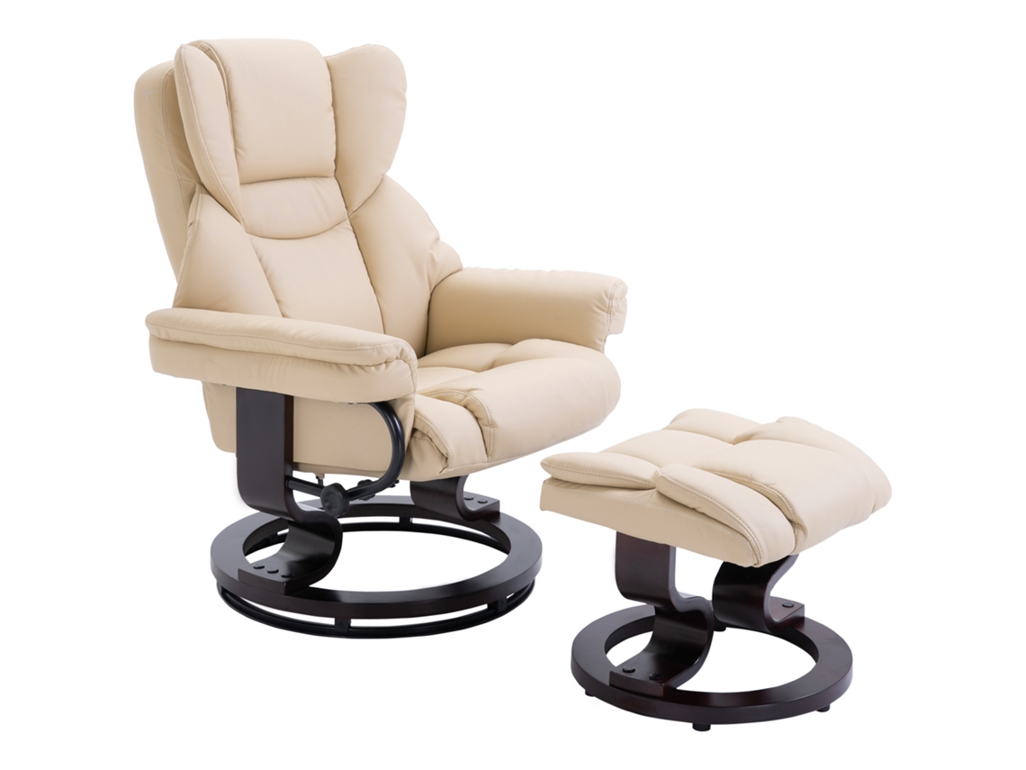 Poltrona giratória Relax com apoio para os pés, estofada em couro sintético cor creme, para sala de estar e quarto.