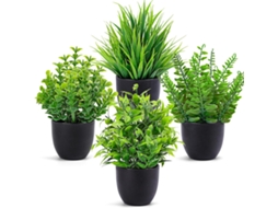 Conjunto de 4 Plantas Artificiais Pequenas em Vaso Preto para Decoração Banheiro, Casa, Escritório e Mesa BRILVIBERA