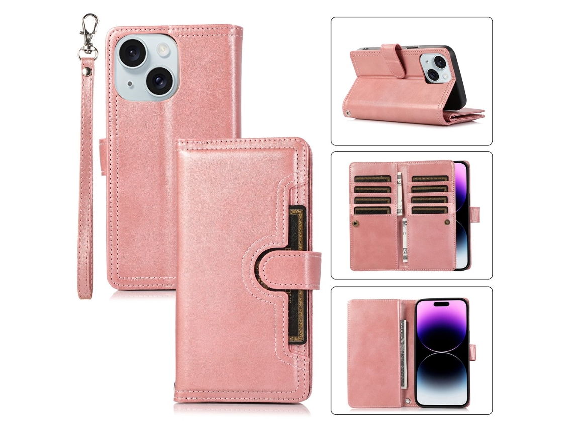 Suporte Casa Pega Para Iphone 15 Pele Sintética Magnética Com Porta-cartões Rosa