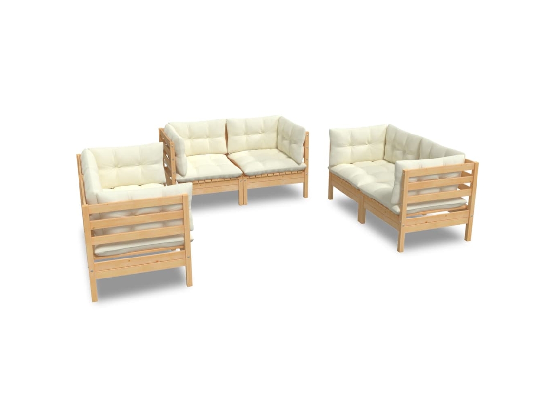 Conjunto de 6 Lounge Jardim com Almofadões Creme Pinho Maciço MAISON EXCLUSIVE