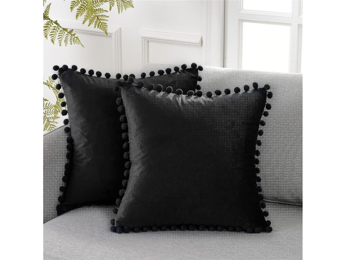 2026 funda de Almofada Decorativa de Terciopelo Suave com Pompones 18x18 Polegadas para Sofá, Dormitório e Carro, Pacote de 2, Preto
