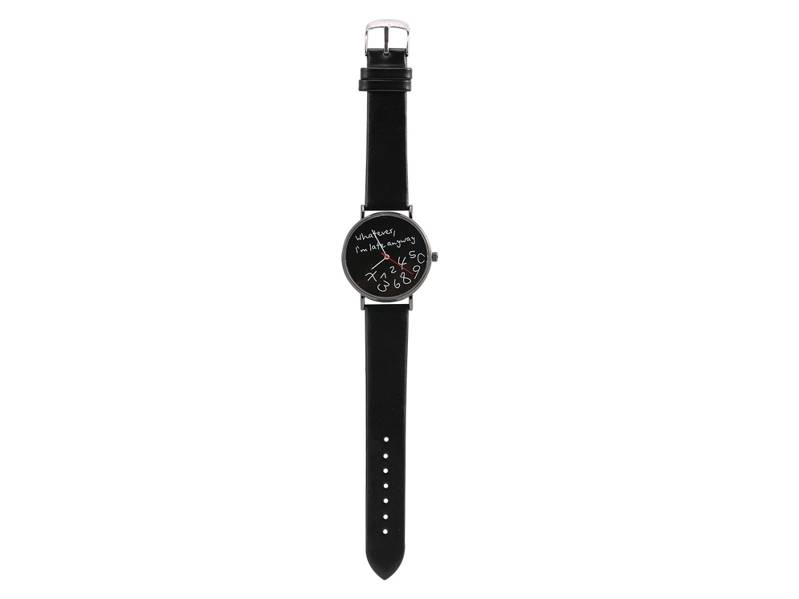 Relógio de Pulso Analógico Quartz com Pulseira Pu Redonda Palavras Números Preto
