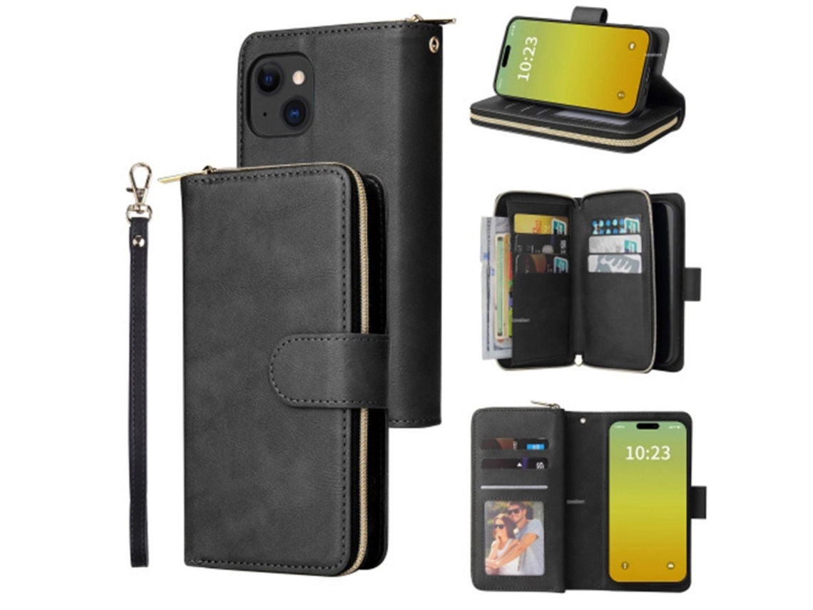 Capa Para Iphone 15 Plus Pele Sintética Com Porta-cartões Preto