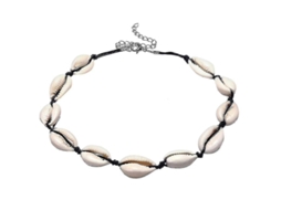 2026 collar de Conchas Negras com Correia de Couro Imitado e Cadeia Extensível de 10cm