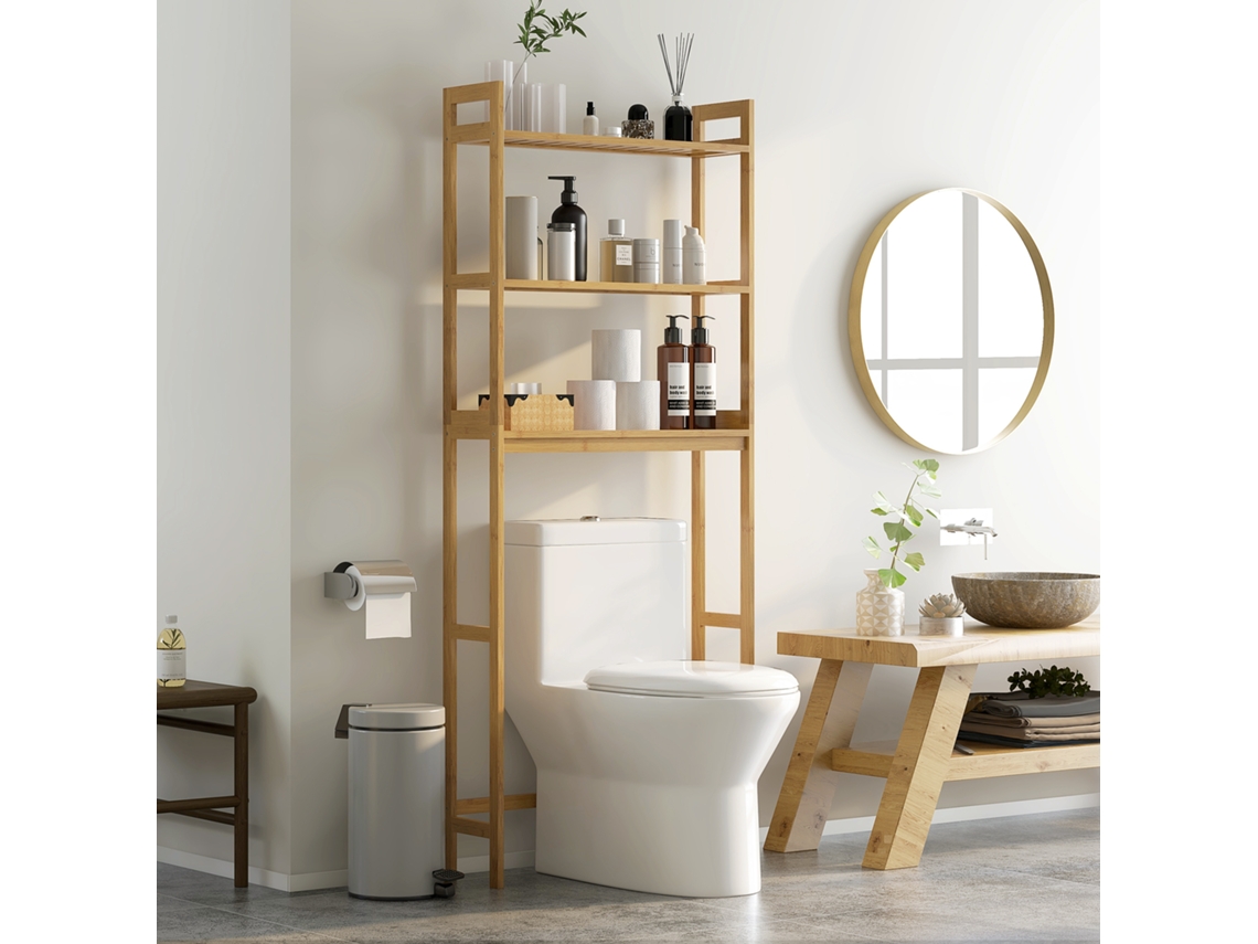 Estante Sobre Sanita De Bambu, 3 Prateleiras, Pés Antiderrapantes, Anti-tombo, 68x20x135 Cm