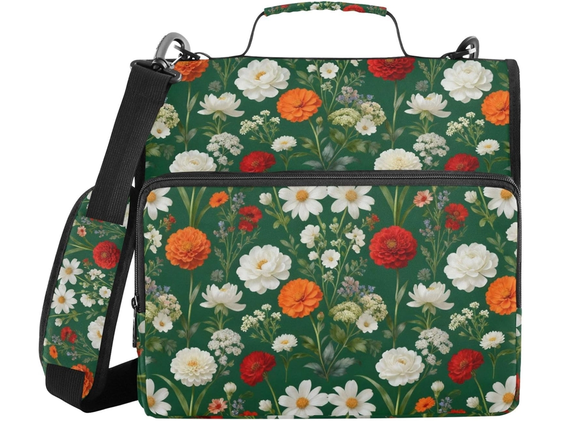 Pasta para escrivaninha 1, 5 bolsos com estampa floral mista, 3 argolas com altura e ombro removíveis, inclui organizador.
