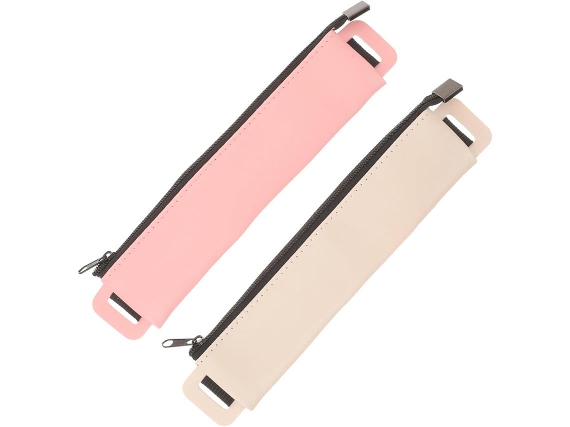 Estojo Rígido Para Canetas, Em Couro Pu, Com Fecho Elástico, Tamanho Compacto, Nas Cores Cáqui E Rosa, Pacote Com 2