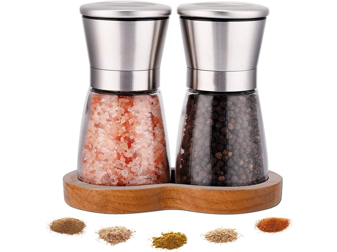 Conjunto De 2 Moedores De Sal E Pimenta Com Suporte Madeira Faia