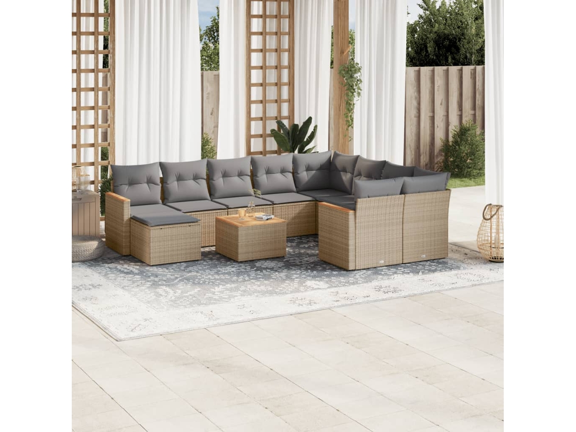 Vidaxl 11 Pcs Conjunto Sofás De Jardim C/ Almofadões Vime Pe Bege