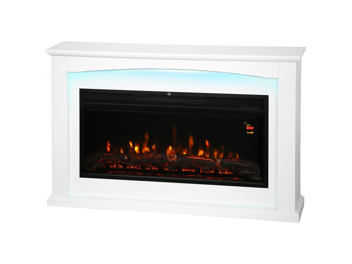Lareira Elétrica 1000w/2000w, Lareira Decorativa Falsa, Efeito de Chama com 5 Brilhos Ajustáveis, 121x25x77cm, Branco