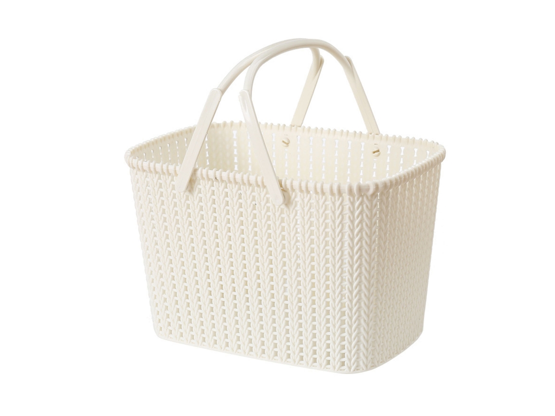 Cesta De Armazenamento Portátil De Plástico Tecido Em Rattan Imitação Com Alça, Cesta De Frutas Para Banho, Bege, Para Casa