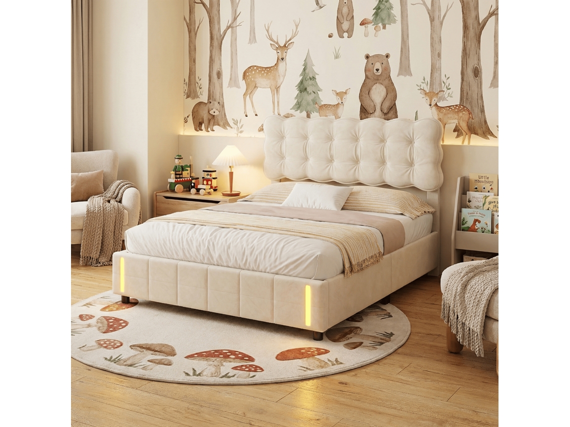 Cama Casal 160x200 Cm, Cama com Arrumação Baú Hidráulica, Estrutura Cama Estofada em Veludo com Led Luz de Sensor e Estrado de Ripas RESETIZE